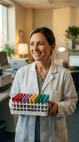 Middle-aged female scientist or laboratory technician of Caucasian descent wearing white lab coat, holding rack of colorful test tubes in modern medical or research facility with warm lighting and plants.