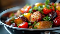 Fresh colorful roasted baby potatoes with cherry tomatoes, herbs and spices served in dark plate, macro food photography with selective focus.