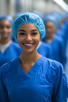 Smiling young female surgeon in blue scrubs and surgical cap standing confidently in operating room with medical team in background for healthcare concepts.