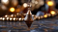 Ornate copper lantern with intricate Arabic patterns hanging against blurred warm bokeh lights background, creating magical Ramadan atmosphere.