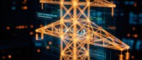 Digital construction crane with glowing orange wireframe structure against dark blue tech background with bokeh lights for engineering projects.