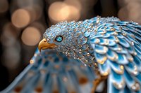 Decorative metallic bird sculpture with intricate blue and silver feather patterns against blurred bokeh background, featuring detailed craftsmanship and artistic design.