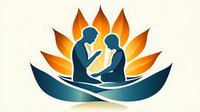 Silhouettes of couple facing each other against stylized orange lotus flower background, symbolizing love, harmony and spiritual connection.