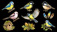 Colorful songbird clipart set with titmice, feathers, birdhouse, and oak branch, isolated on transparent background. Great for stickers, t-shirt design, print on demand.