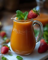 Fresh orange juice in glass pitcher garnished with strawberry and mint leaves for healthy breakfast beverage concept.