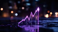 Glowing neon purple graph showing upward trend on dark reflective surface with blurred bokeh lights in background, representing financial growth and success.