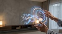 Businessman hands creating holographic digital spiral energy with glowing particles in modern office interior for futuristic technology presentations.