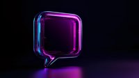 Glowing neon speech bubble with purple and blue gradient lighting effect on dark background, modern communication concept for social media design.