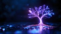 Glowing magical tree with purple and blue luminescent branches against dark background, mystical sparkles and light reflection creating ethereal atmosphere.
