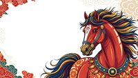 Majestic red horse with flowing mane in traditional ornamental style surrounded by decorative floral elements on light background for festive designs.