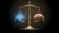 Golden scales balancing glowing AI chip against human brain on dark background representing artificial intelligence versus human intelligence comparison.