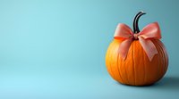 Fresh orange pumpkin decorated with pink bow ribbon on turquoise background with copy space. Autumn holiday concept for cards and banners.