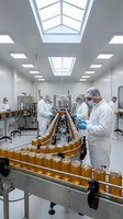 Pharmaceutical manufacturing workers in sterile white suits and hairnets operating bottling production line in clean room facility with skylights and modern equipment.
