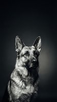 Alert dog with pointed ears and attentive expression against dark background, suitable for pet portraits, animal behavior content, training materials, and canine-related publications.