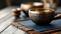 Ornate copper singing bowl with geometric patterns resting on dark wooden surface. Traditional meditation instrument for sound therapy and mindfulness practice.