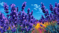 Vibrant purple lavender flowers blooming in field against bright blue sky with white clouds. Natural aromatherapy and relaxation concept for wellness.