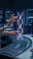 Scientist hands manipulating holographic DNA double helix with glowing data visualization in modern laboratory for genetic research and biotechnology innovation.