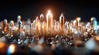 Glowing crystal quartz points emerge from dark surface with warm orange backlight creating magical atmosphere, shallow depth of field creates dreamy bokeh effect.