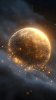 Glowing golden planet surrounded by luminous particles and cosmic dust clouds against dark space background, creating magical celestial atmosphere.