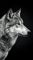 Dramatic black and white portrait of a gray wolf with piercing eyes against a dark background, capturing wild power and majestic animal beauty.