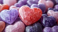 Polished crystal hearts in pink, red, purple and rose quartz colors arranged together showing natural mineral texture and healing stone surface patterns.