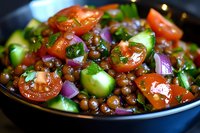 Fresh lentil salad with cherry tomatoes, cucumber, red onion and herbs in dark bowl, vibrant healthy plant based meal with protein rich legumes.