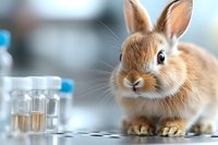 Adorable brown bunny rabbit in laboratory setting with test tubes and medical equipment, representing pharmaceutical research and animal testing studies.