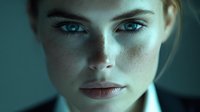 Close up portrait of young woman with freckles and intense blue eyes against teal background, dramatic lighting creates mysterious atmospheric mood.