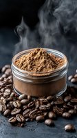 Fresh ground coffee powder in glass jar with rising steam and roasted coffee beans scattered around on dark background. Food photography.