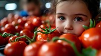 Young girl with blue eyes peeking through pile of fresh red tomatoes at farmers market, showcasing healthy organic produce.