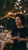 Happy African American woman holding champagne glass at outdoor dinner party with string lights and festive atmosphere for celebrations and gatherings.