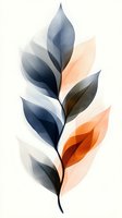 Minimalist botanical art featuring translucent navy blue and orange leaves arranged in an elegant vertical composition on white background, suitable for modern decor.