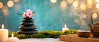 Zen spa composition with stacked black stones, pink cherry blossom, moss, candles and teapot creating peaceful meditation atmosphere with warm bokeh lights.