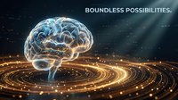 Digital brain with glowing neural networks floating above golden light trails representing artificial intelligence and machine learning technology.