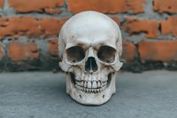 Human skull model against rustic brick wall background, anatomical specimen for medical education, Halloween decoration, or artistic still life photography.