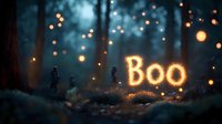 Glowing "Boo" text in misty dark forest with floating lights and mysterious silhouettes creates spooky Halloween atmosphere for seasonal designs and party invitations.