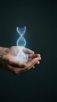 Hands holding glowing DNA double helix structure representing genetic research, biotechnology innovation and medical science advancement.