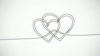 Continuous line drawing of two intertwined hearts on white background, minimalist romantic symbol for wedding invitations and love-themed designs.
