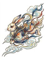 Leaping rabbit in ornate Asian-style robes with flowing clouds, isolated on transparent background. Great for t-shirts, stickers, print on demand, and sublimation.