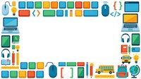 Back to school supplies and technology icons arranged in frame layout on white background, isolated clipart for educational design projects.