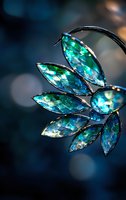Sparkling turquoise crystal brooch in leaf pattern against dark background with bokeh lights, showcasing iridescent facets and metallic silver settings.