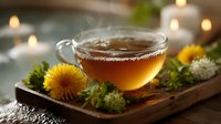 Steaming herbal tea in glass cup with fresh dandelions on wooden tray, surrounded by warm candlelight creating cozy atmosphere for relaxation and wellness.