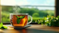 Steaming hot tea in transparent glass cup with fresh mint leaves on wooden table against blurred green nature background, morning sunlight atmosphere.