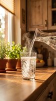 Water pouring into glass on kitchen counter with potted plant and wooden cabinetry in warm sunlight, suitable for beverage, hydration and lifestyle content.