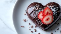 Heart shaped dark chocolate dessert with fresh sliced strawberry and coconut flakes on white plate, romantic food photography with soft lighting and copy space.