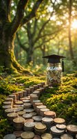 Graduation cap on coin-filled jar with scattered money in sunlit forest setting representing education savings and financial planning for college tuition.