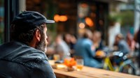 Middle-aged Caucasian man in cap observing busy restaurant scene from behind, warm ambient lighting creates cozy dining atmosphere with blurred patrons.