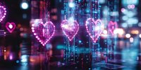 Glowing neon heart shapes with pink and blue lights against urban night backdrop create romantic atmosphere with bokeh effect and reflective surfaces.