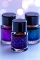 Sparkling nail polish bottles with glitter in purple and blue shades on blurred bokeh background, macro shot showing luxurious cosmetic texture and shimmer effect.