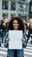 Happy young African American woman holding blank white sign on busy city street with yellow taxis and pedestrians in background for advertising mockup.